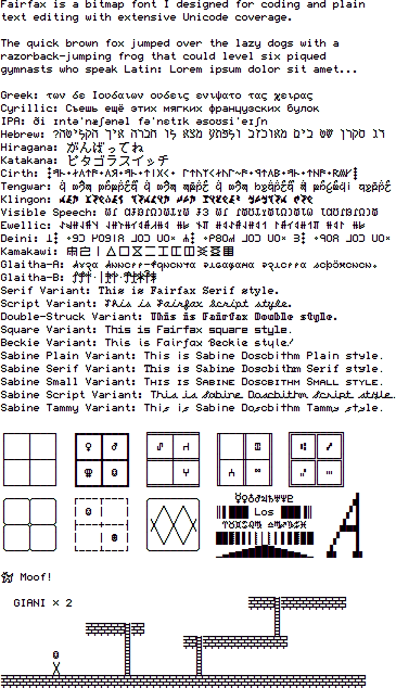 Fairfax is a bitmap font I designed for coding and plain text editing with extensive Unicode coverage.